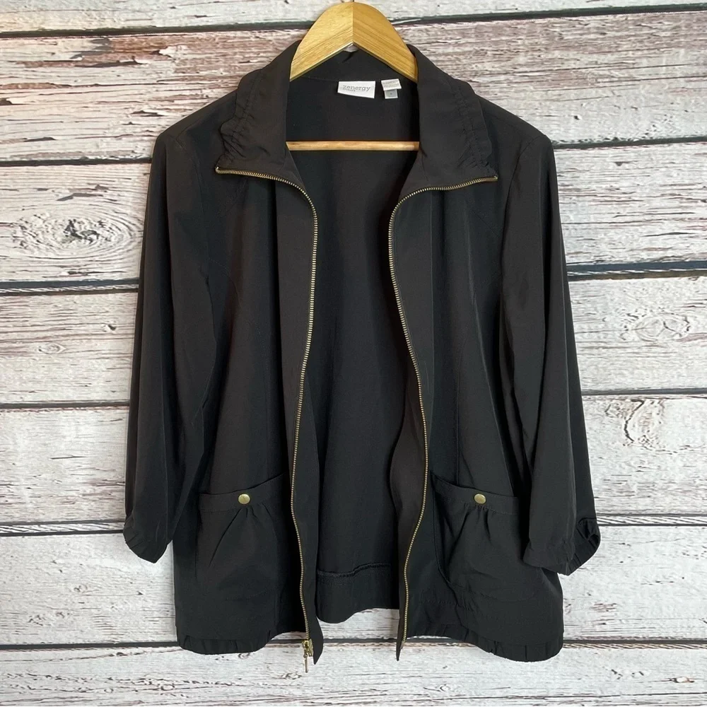 Zenergy by Chico’s 2 Women’s Size Large Black Lightweight Full‎ Zip Jacket EUC